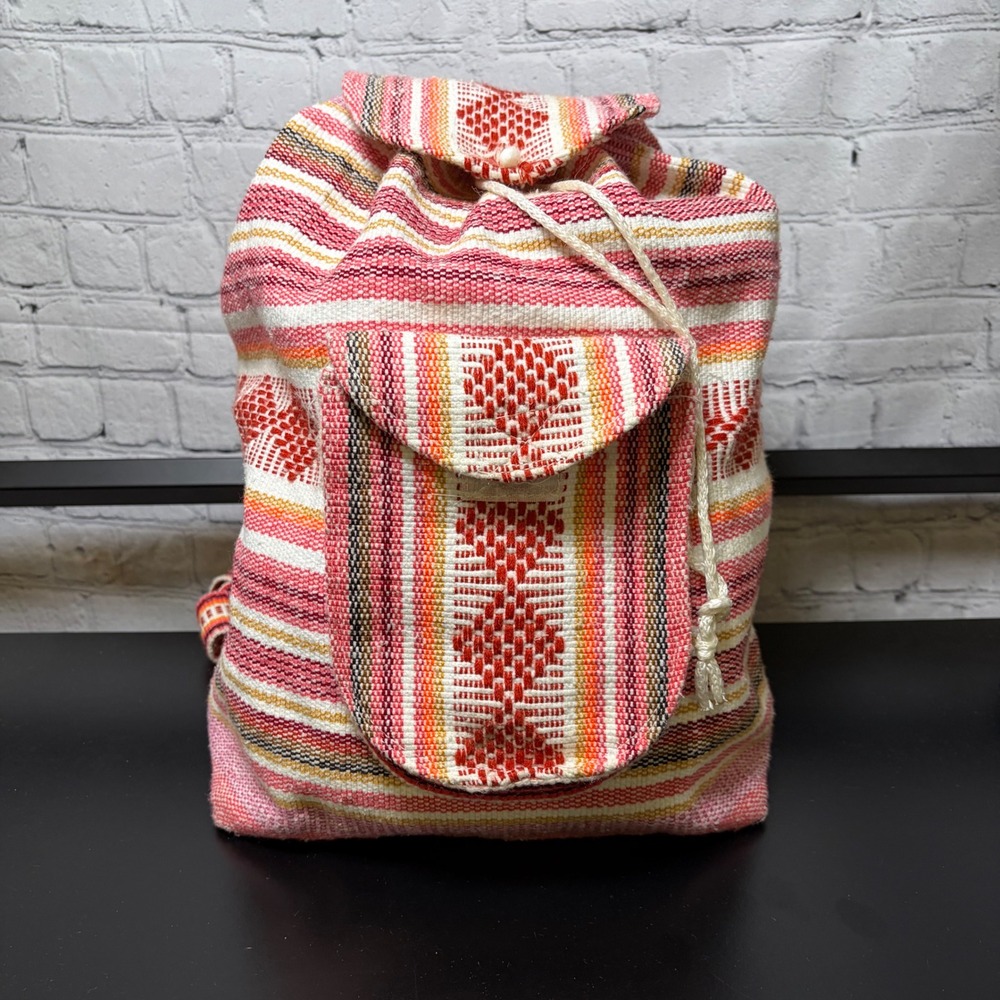 Handwoven Boho Striped Backpack Pink Orange Geometric Textile Drawstring Bag